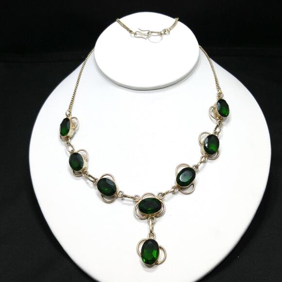 Vintage Green Glass Silver Tone Pendant Necklace, S Hook Clasp, 1970s - Picture 2 of 10